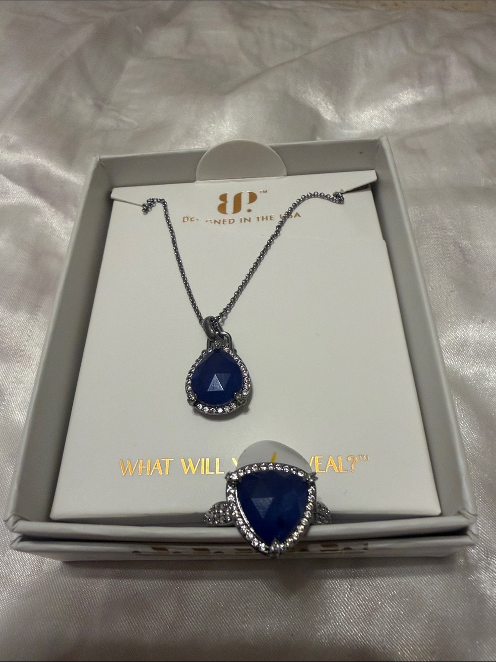 Bomb party OG. Blue Teardrop Halo Pendant Necklace and Ring size 7 set